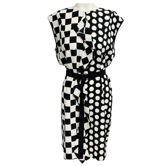 Louis Vuitton Black / White Geometric Print Silk Crepe Dress with Belt