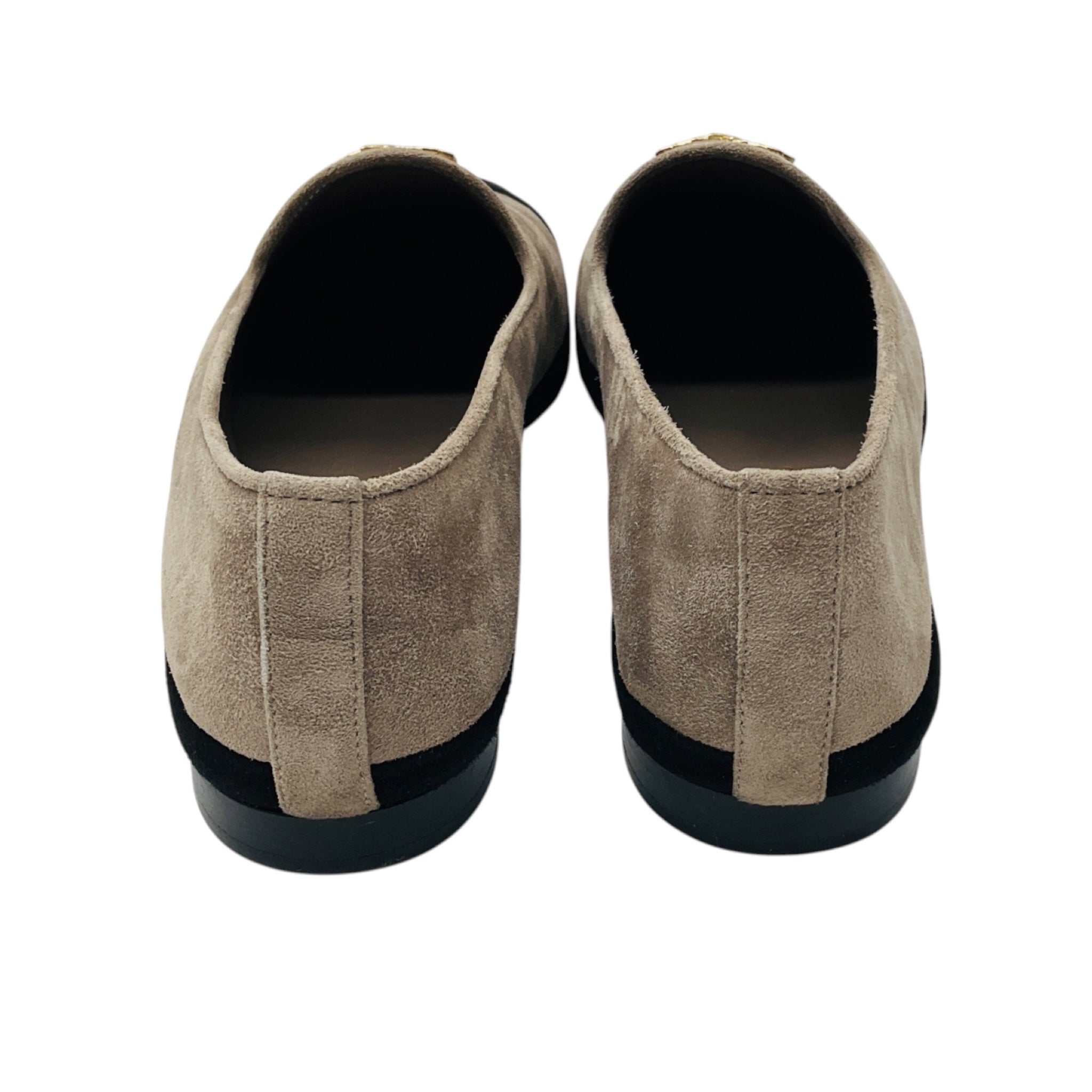 Chanel Taupe / Black / Gold CC Logo Cap Toe Suede Loafer Flats