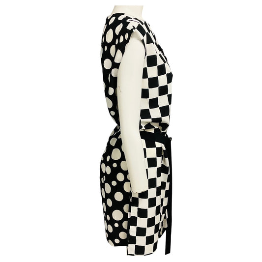 Louis Vuitton Black / White Geometric Print Silk Crepe Dress with Belt