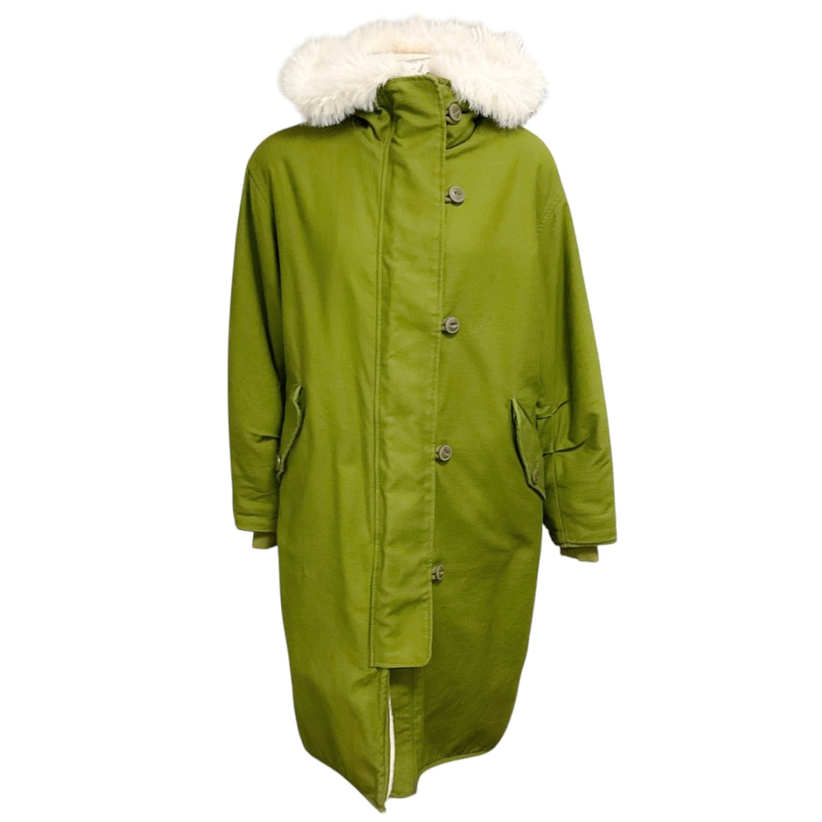 Rag & Bone Olive Green Mid Length Coat with Ivory Faux Sherpa Lining