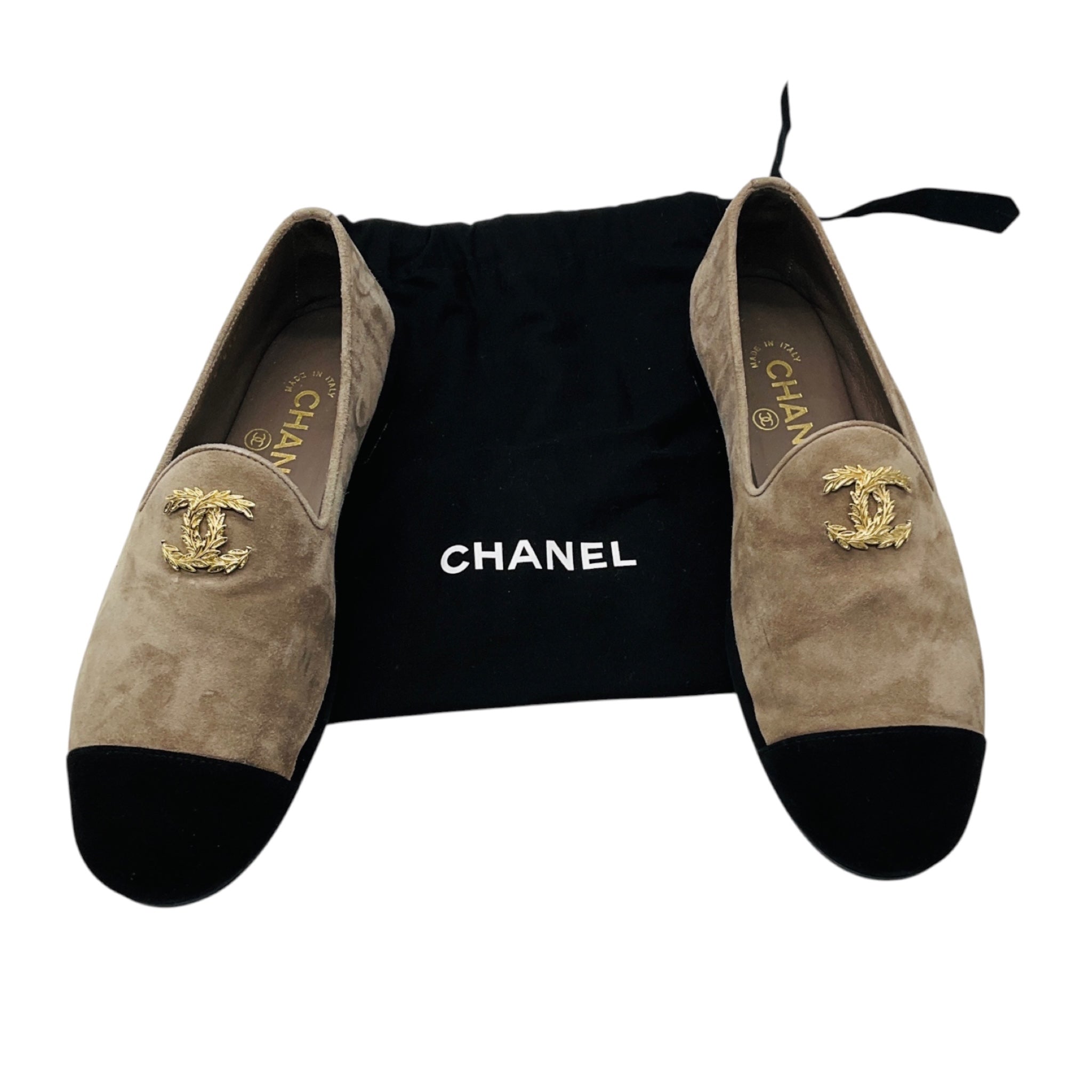 Chanel Taupe / Black / Gold CC Logo Cap Toe Suede Loafer Flats