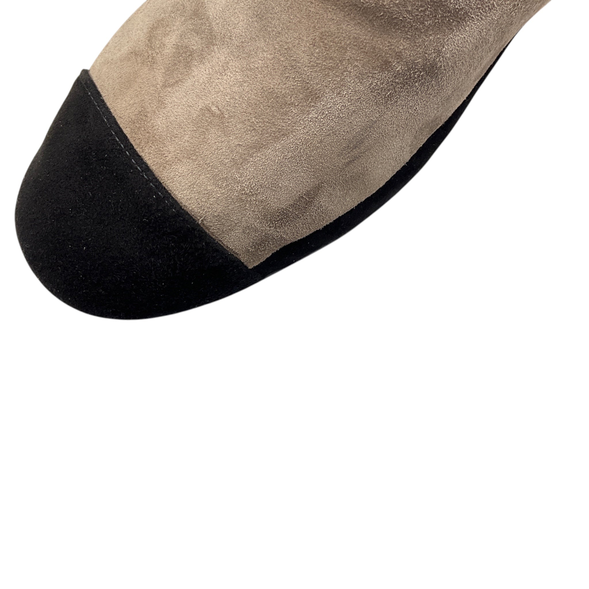 Chanel Taupe / Black / Gold CC Logo Cap Toe Suede Loafer Flats