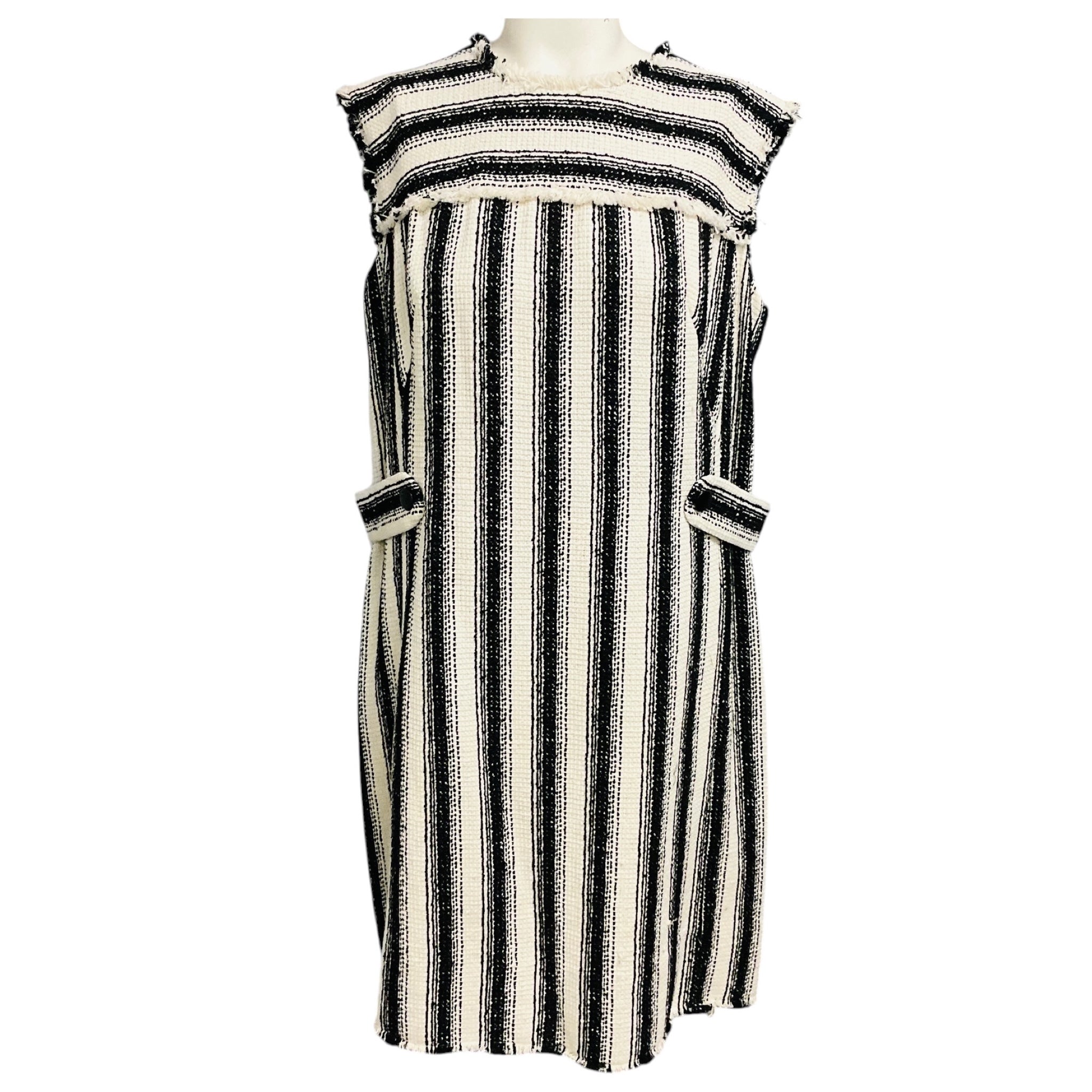 Akris Punto Black / Ivory Button Embellished Striped Tweed Dress