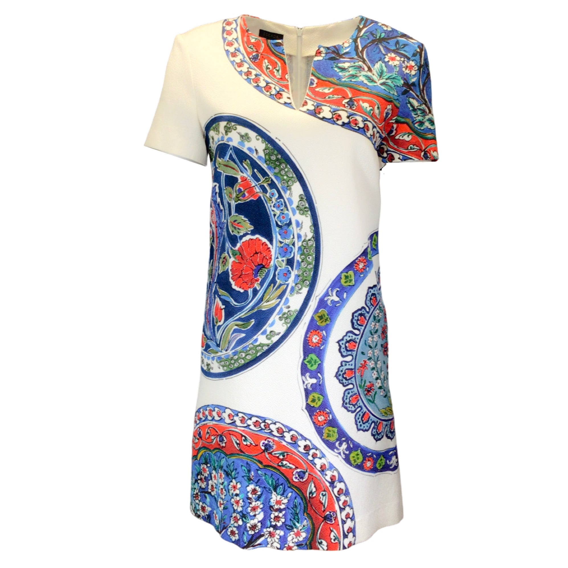 Escada Ivory / Blue Multi Printed Short Sleeved Jacquard Dress