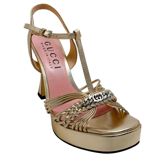 Gucci Gold Leather Interlocking G Platform Sandals