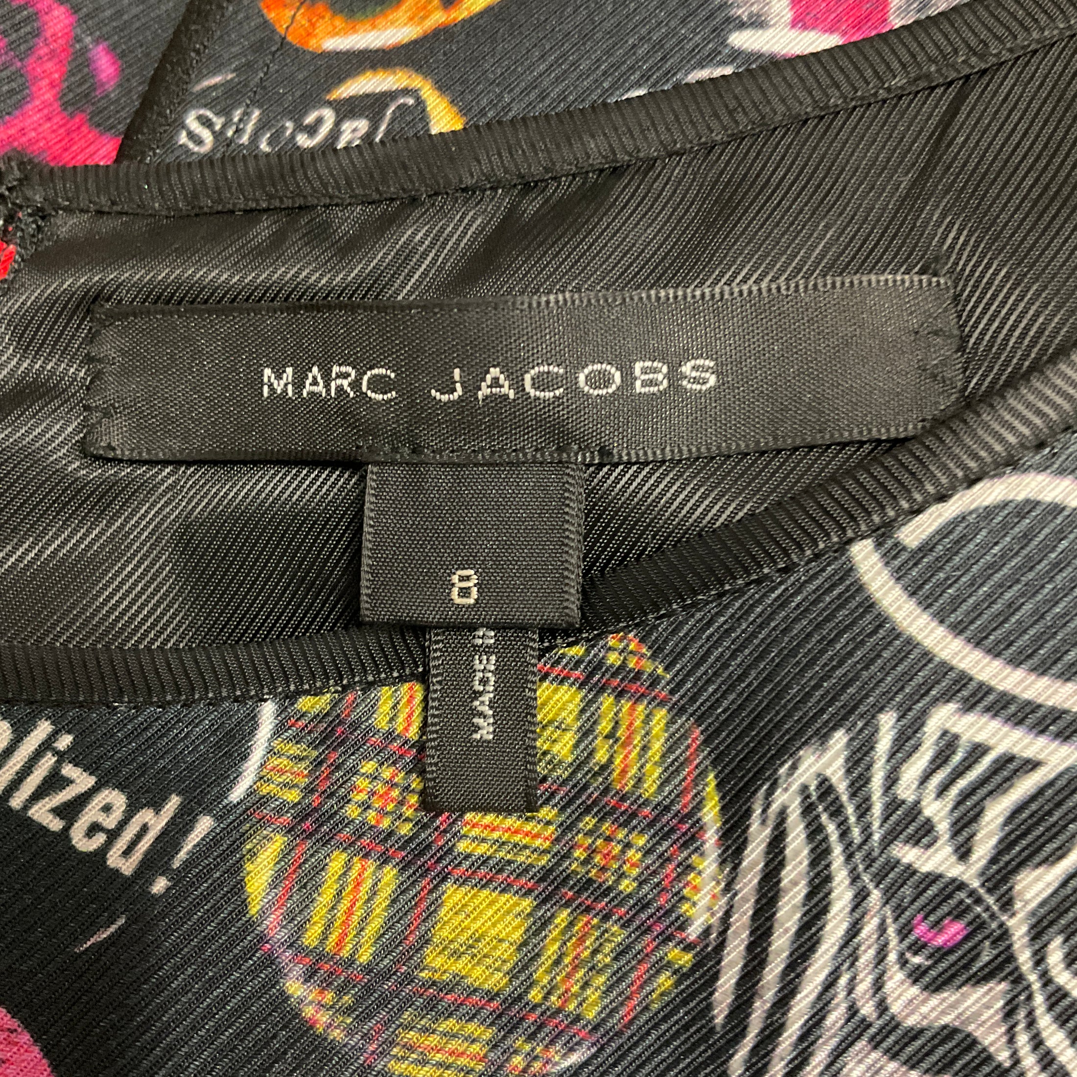 Marc Jacobs Black Multi Graphic Pin Print Sleeveless Satin Midi Dress