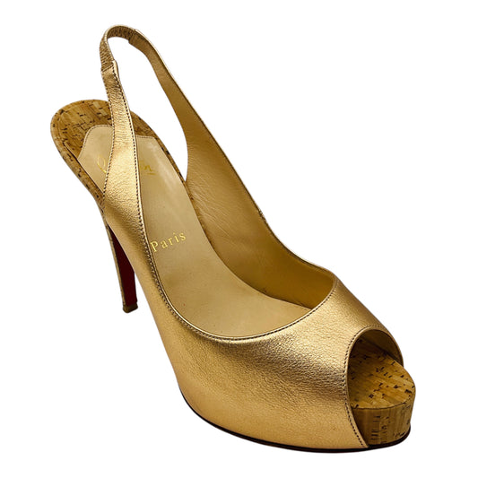 Christian Louboutin Gold Metallic Leather Open Toe Cork Heel Platform Slingback Pumps