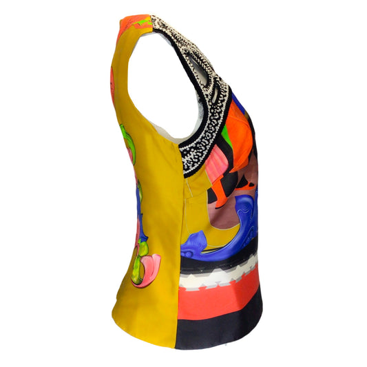 Peter Pilotto Multicolored Embroidered Printed Sleeveless Silk Blouse