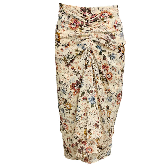 Veronica Beard Ecru Multi Sira Ruched Floral Silk Midi Skirt