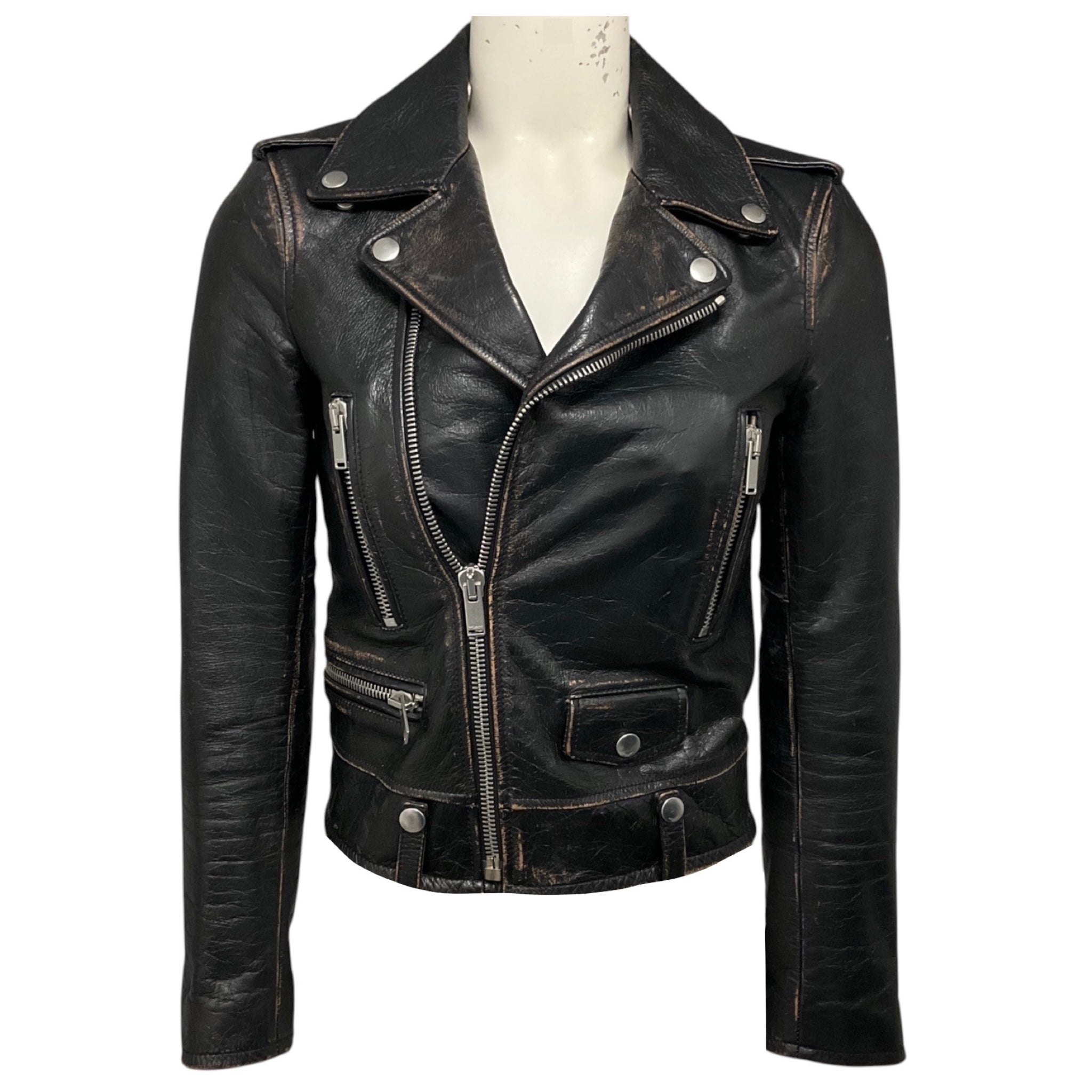 Saint Laurent Black Distressed Calfskin Leather Biker Jacket