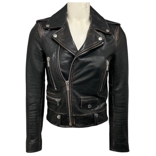 Saint Laurent Black Distressed Calfskin Leather Biker Jacket