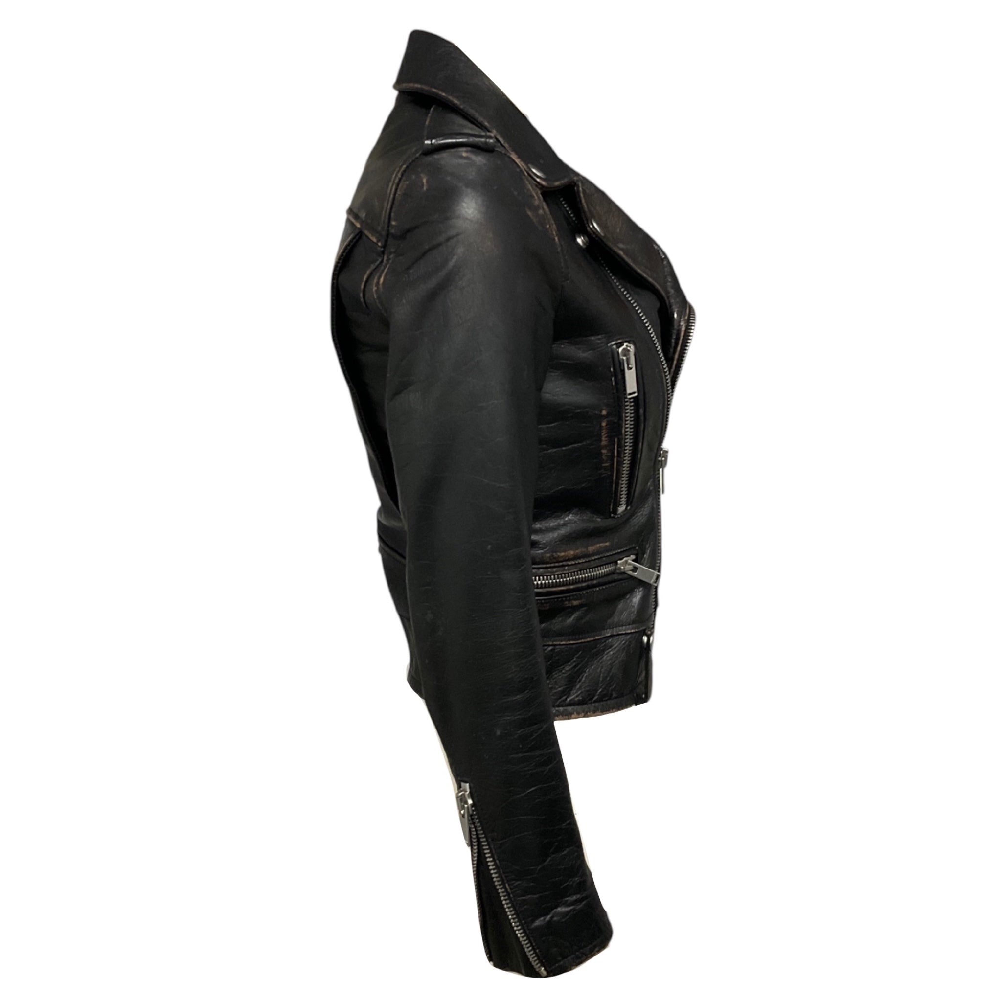 Saint Laurent Black Distressed Calfskin Leather Biker Jacket
