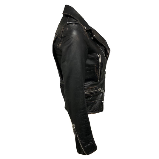 Saint Laurent Black Distressed Calfskin Leather Biker Jacket