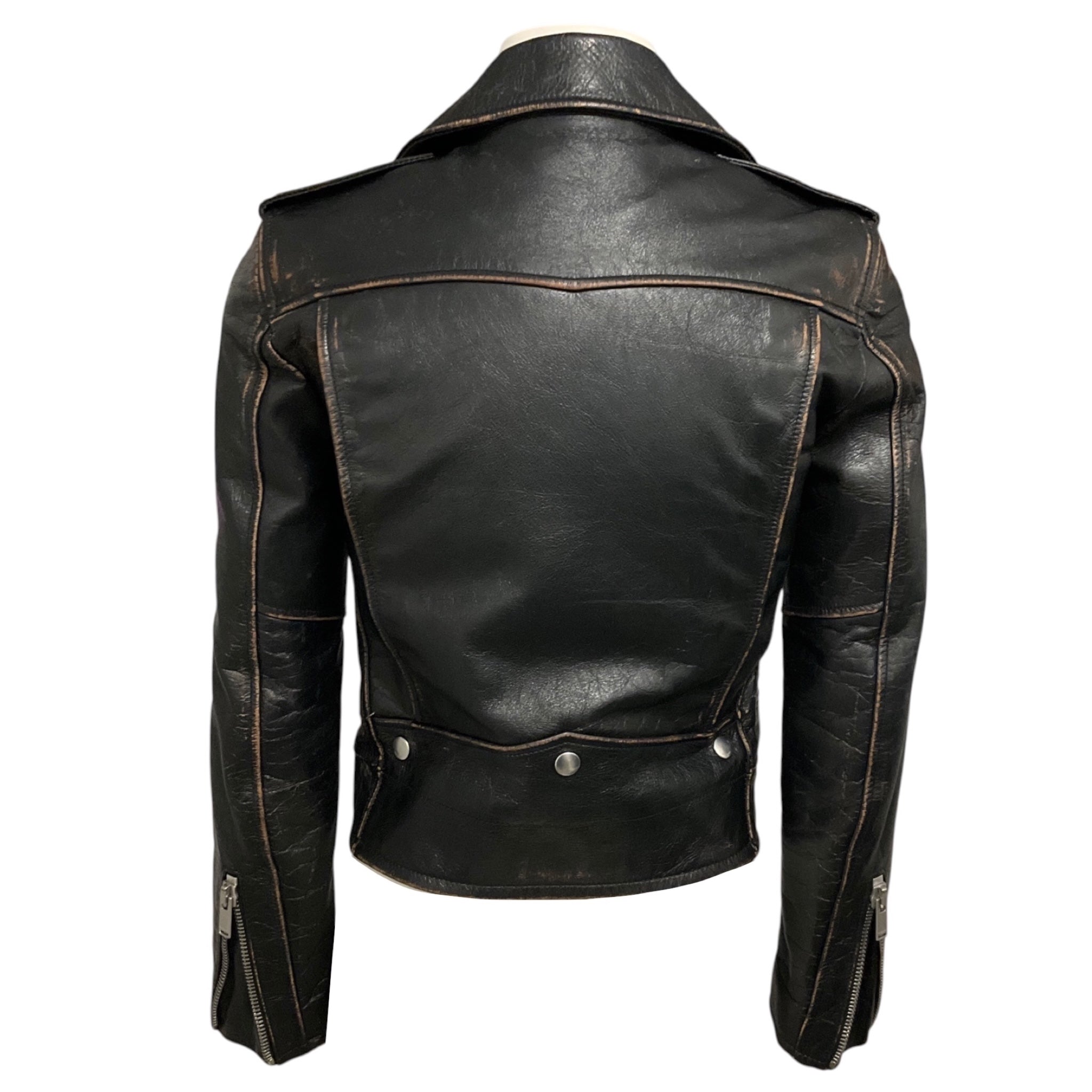 Saint Laurent Black Distressed Calfskin Leather Biker Jacket