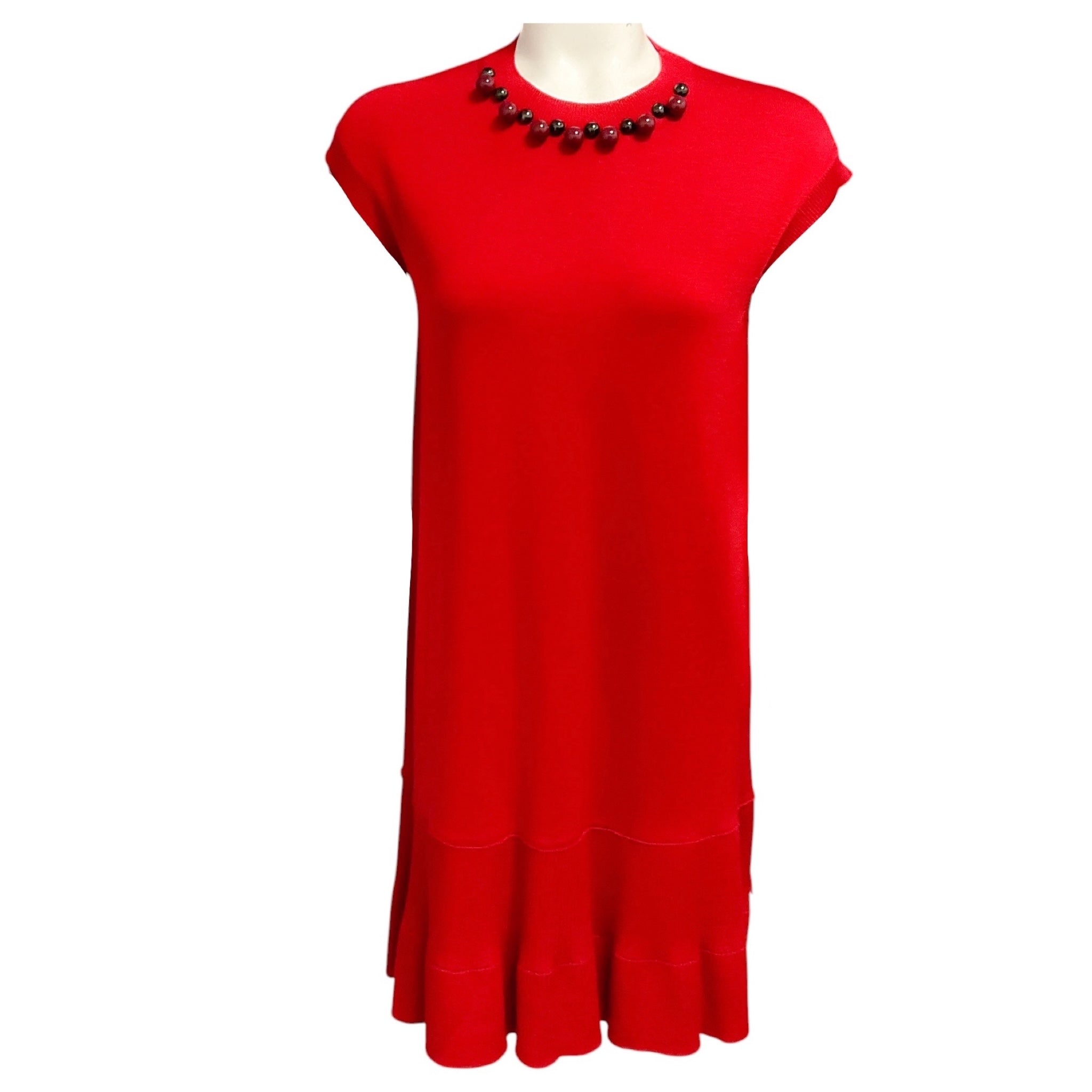 Louis Vuitton Red Jewel Neck Cap Sleeved Wool Knit Dress