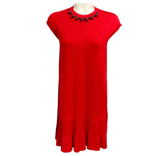 Louis Vuitton Red Jewel Neck Cap Sleeved Wool Knit Dress
