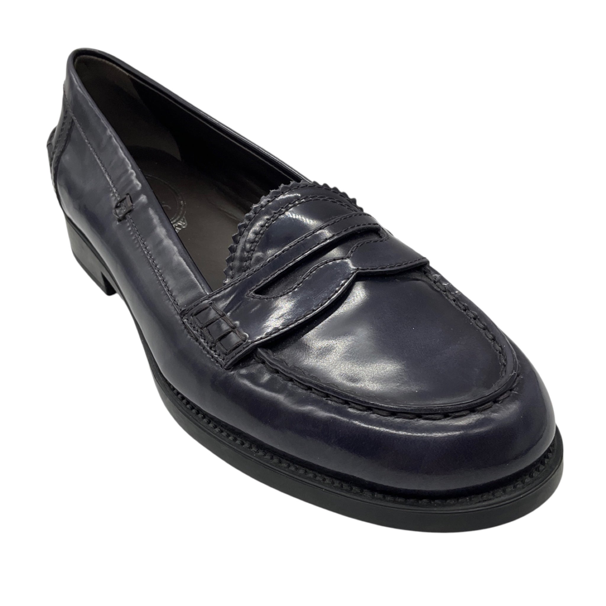 Tod's Navy Blue Shiny Leather Loafers / Flats