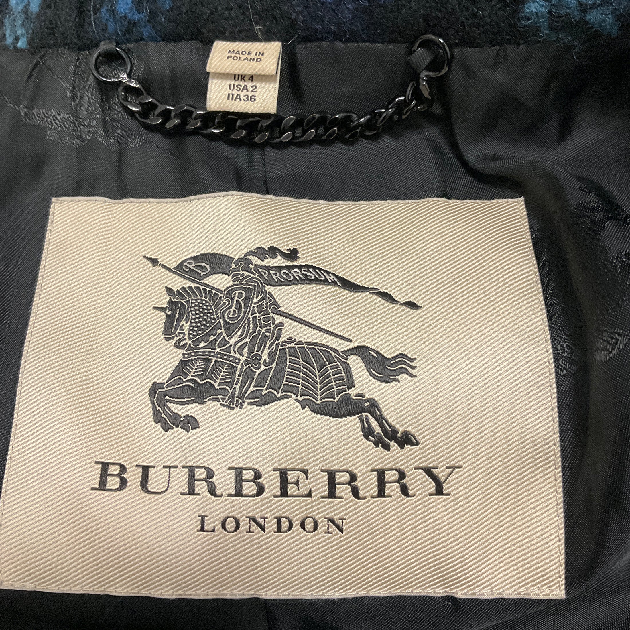 Burberry Navy Blue / Light Blue Double Breasted Plaid Wool Coat
