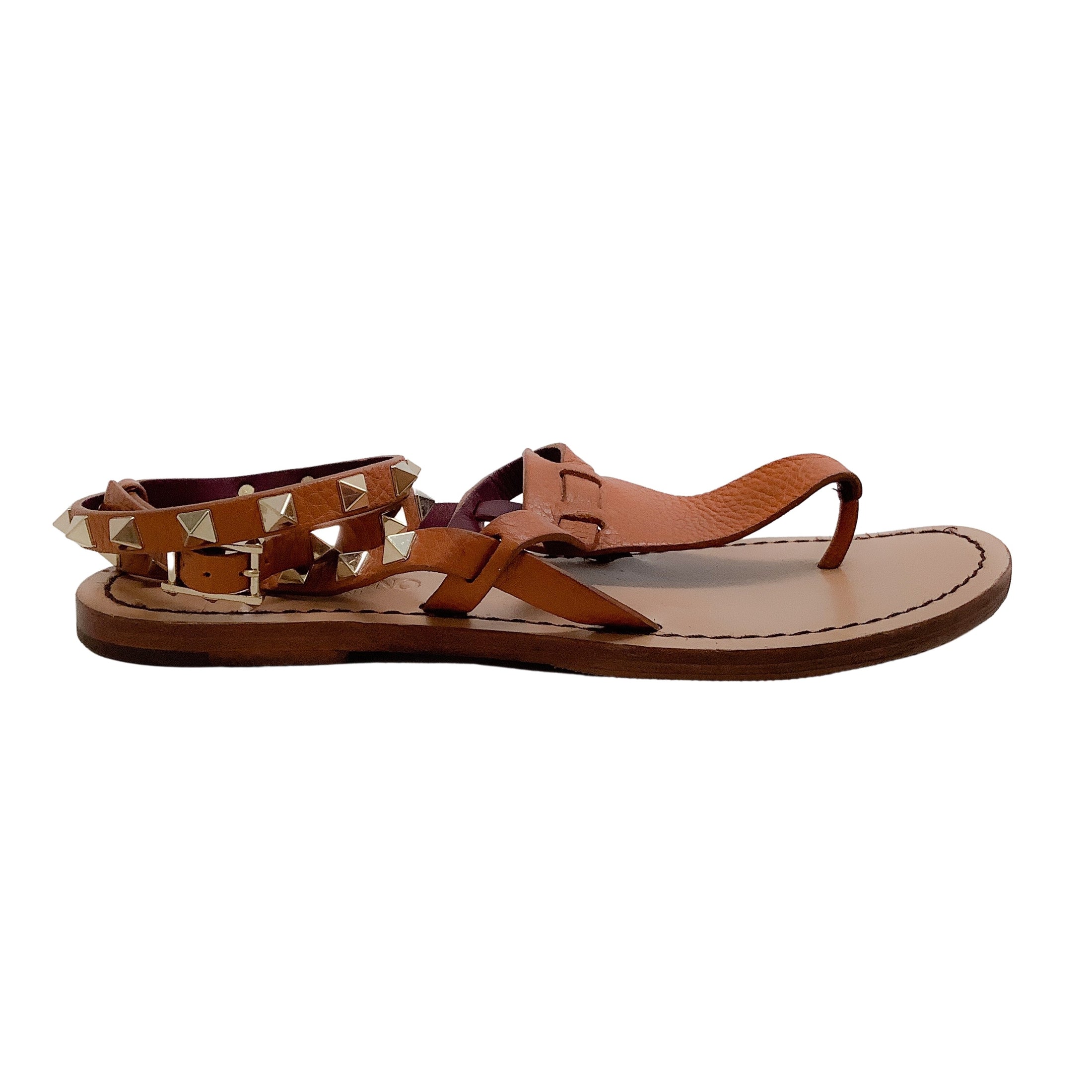 Valentino Tan Leather Rockstud Flat Sandal with Ankle Strap