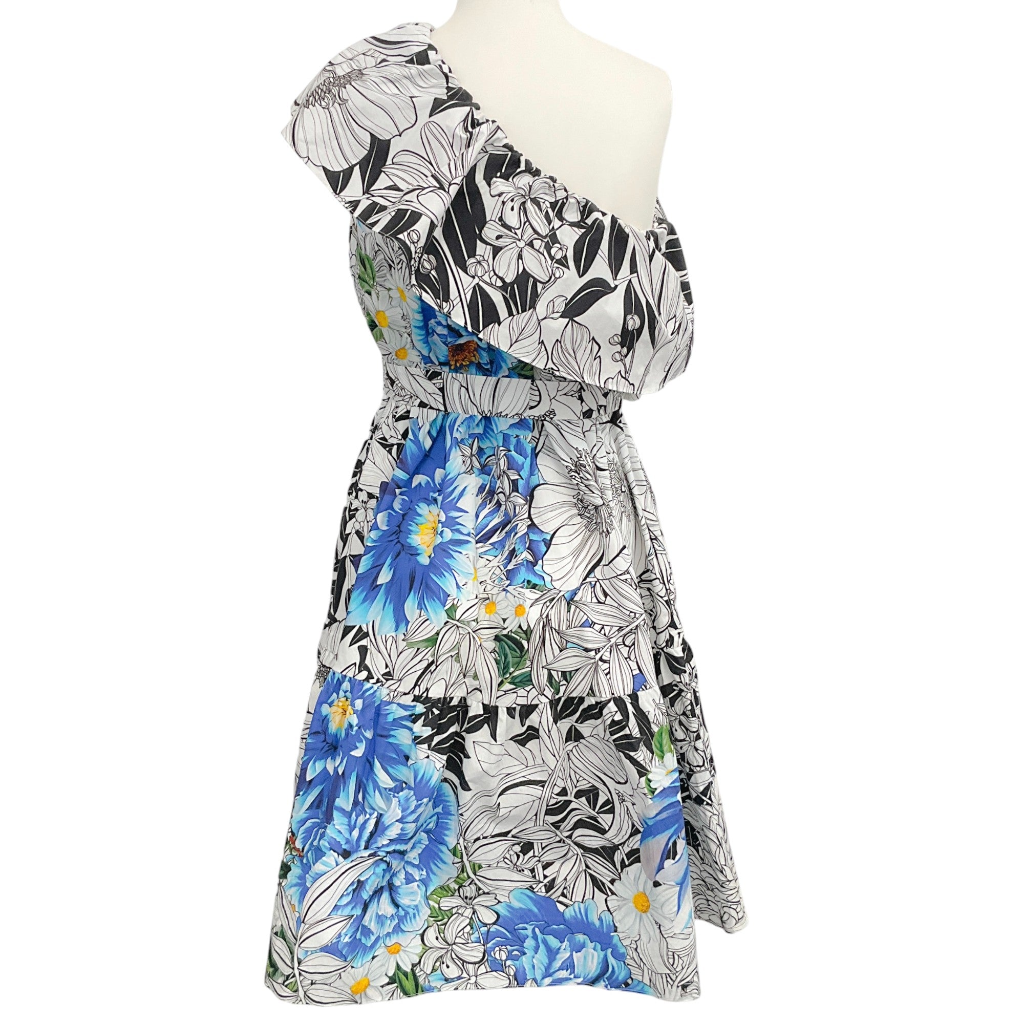 Mary Katrantzou White / Blue Floral One Shoulder Dress