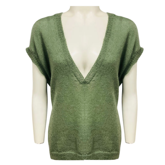 Dries Van Noten Green Short Sleeved V-Neck Mohair Wool Knit Sweater
