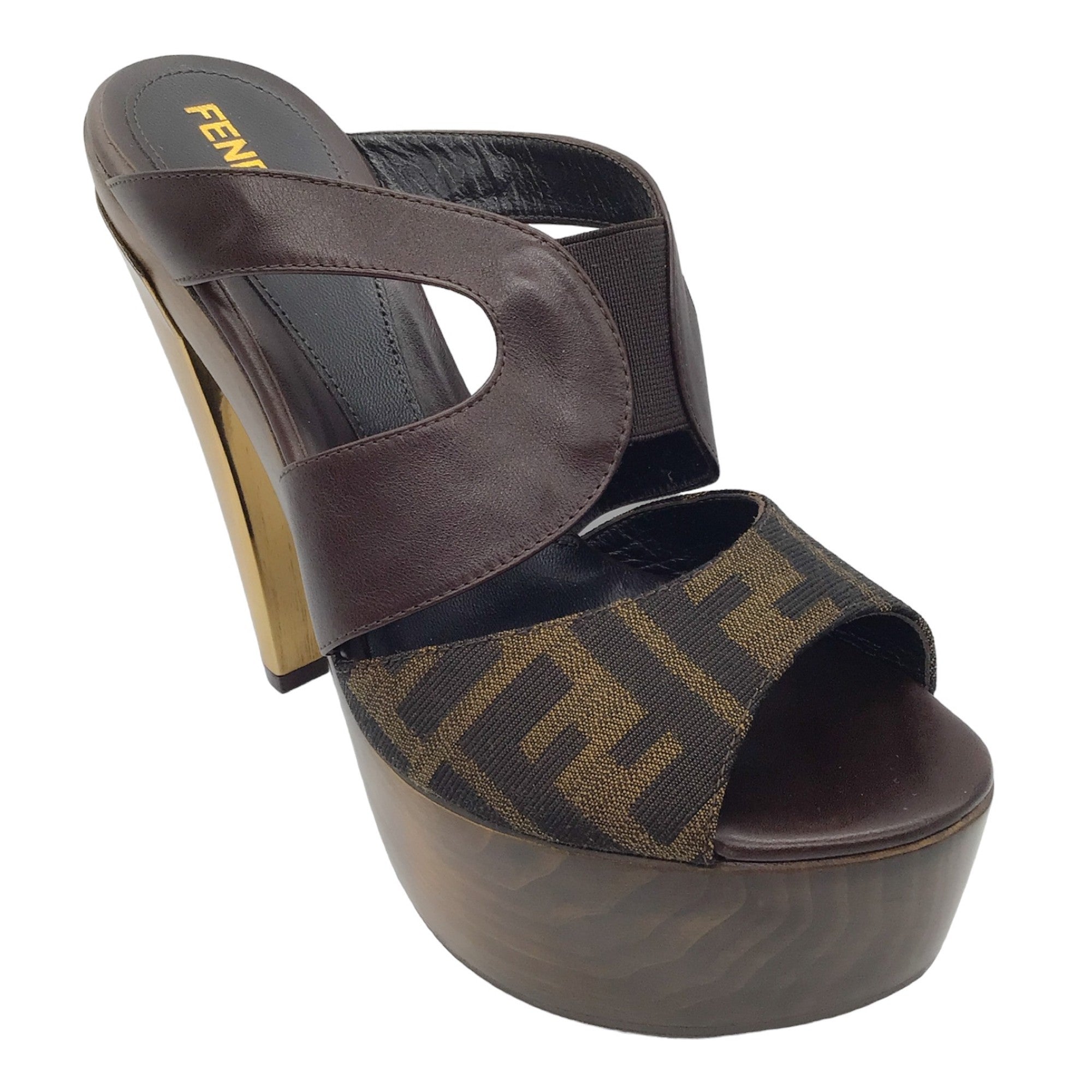 Fendi Brown FF Monogram Wood Platform Sandals