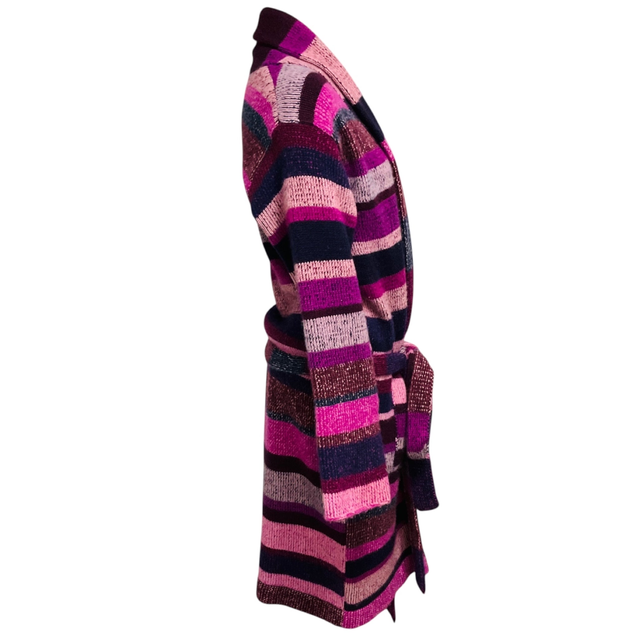 The Elder Statesman Magenta / Pink Multi Striped Cashmere Knit Long Cardigan Sweater with Belt