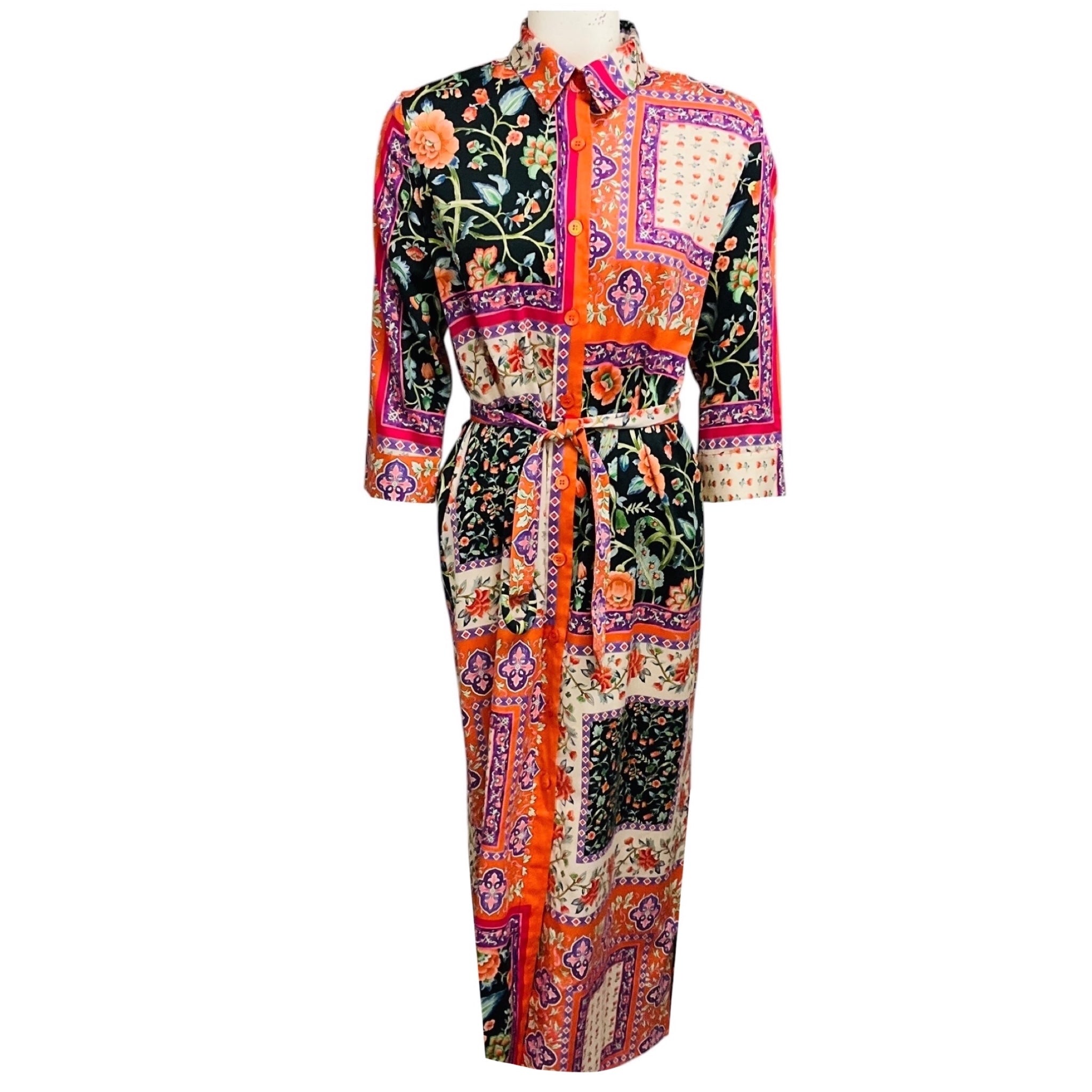 Evi Grintela Black / Orange / Purple Multi Printed Maxi Shirtdress with Belt