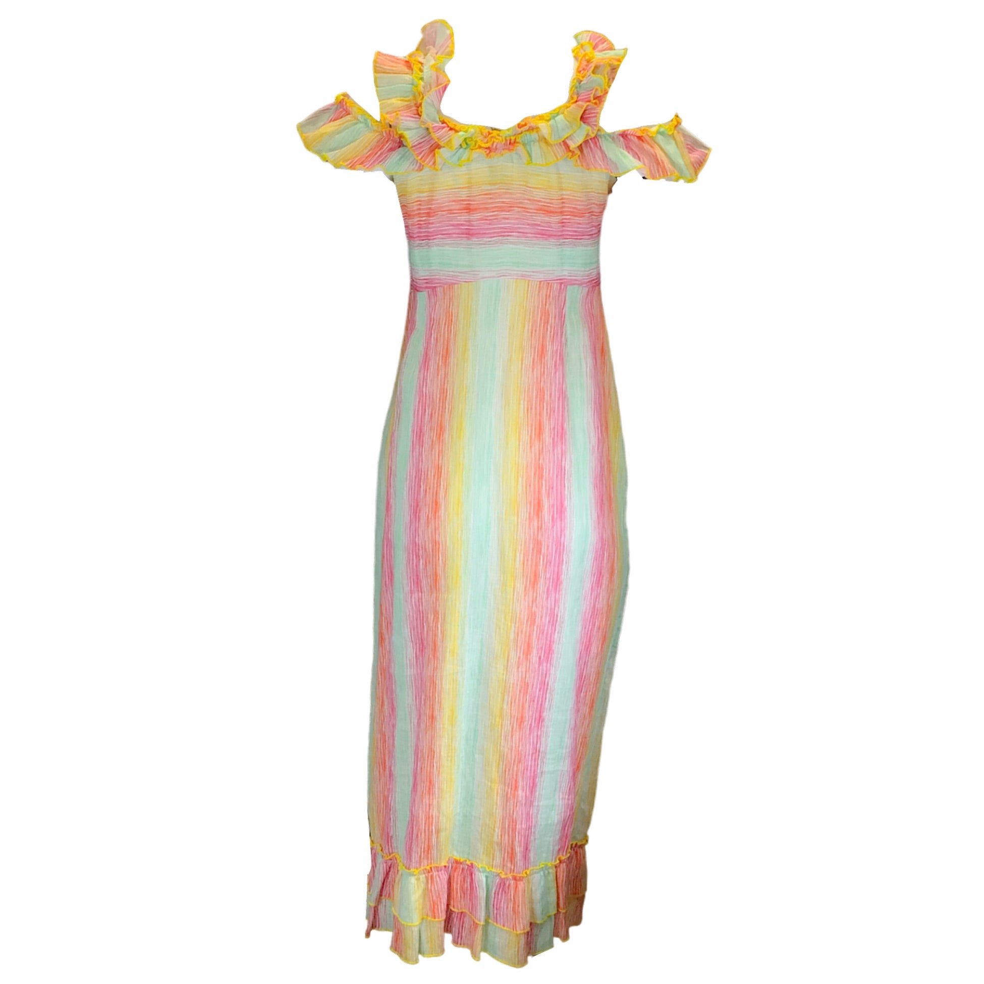 Gul Hurgel Pink / Yellow Multi Ruffled Linen Midi Dress