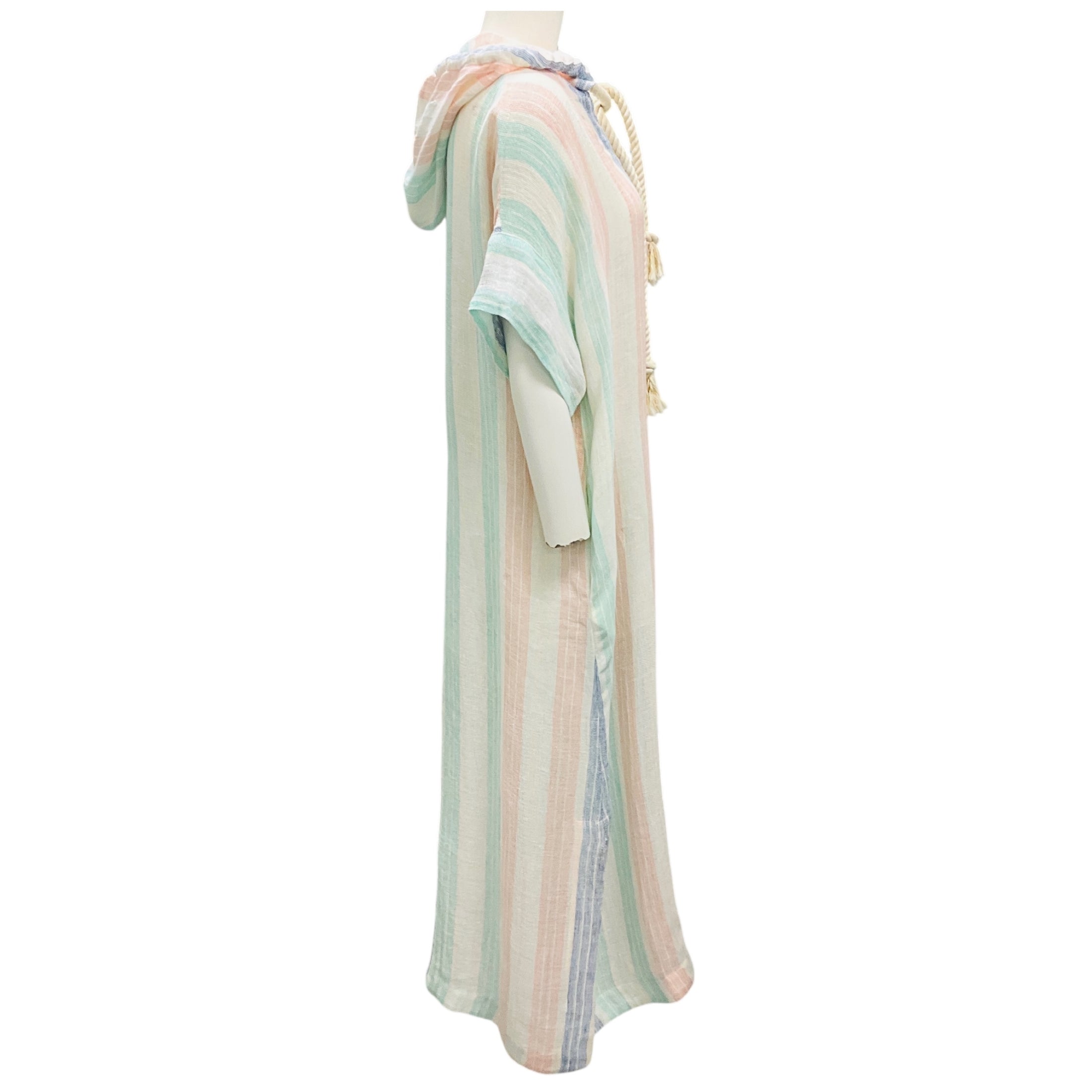 Lisa Marie Fernandez White / Pastel Multi Striped Hooded Linen Gauze Maxi Dress
