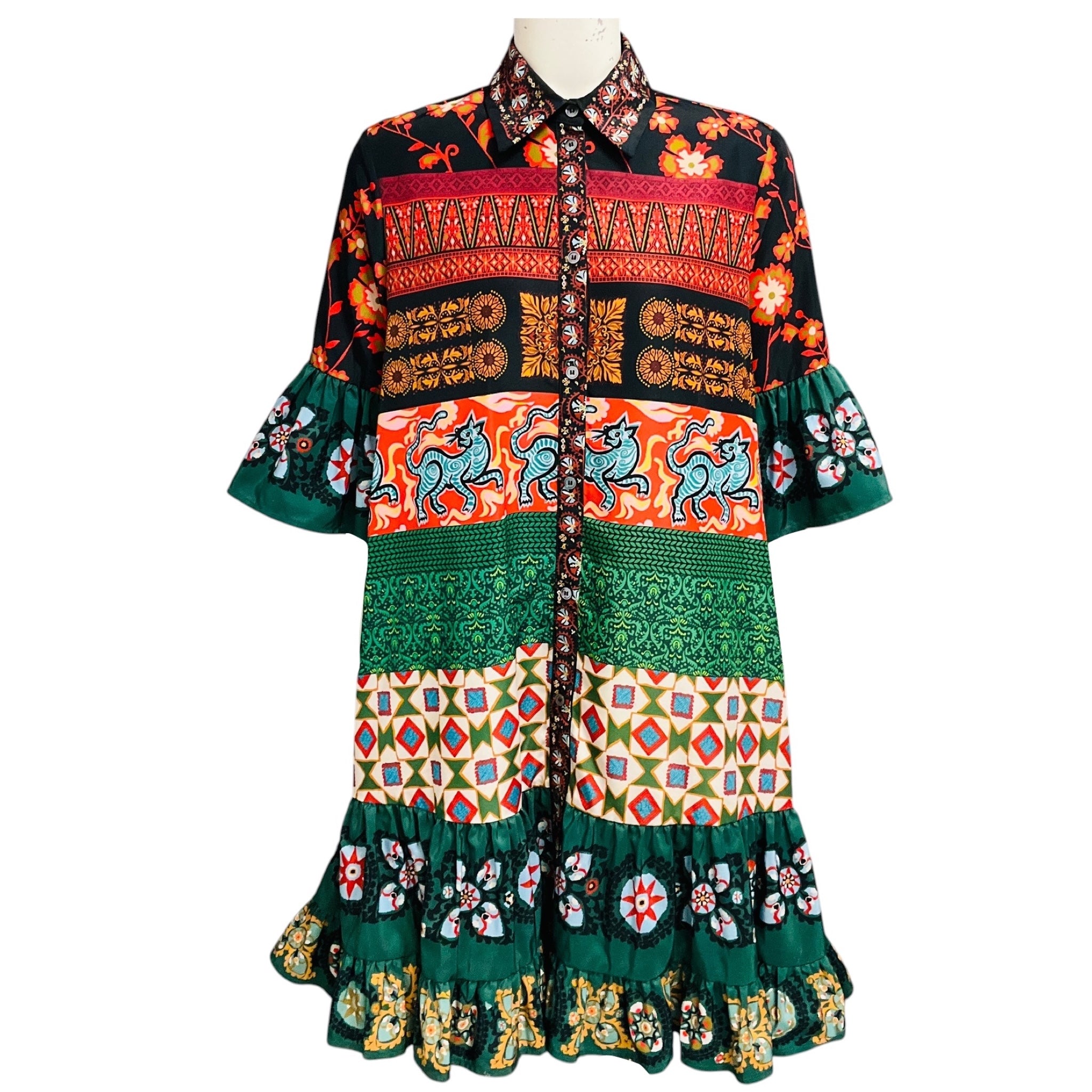 La DoubleJ Black / Red / Green Multi Printed Short Sleeved Choux Dress