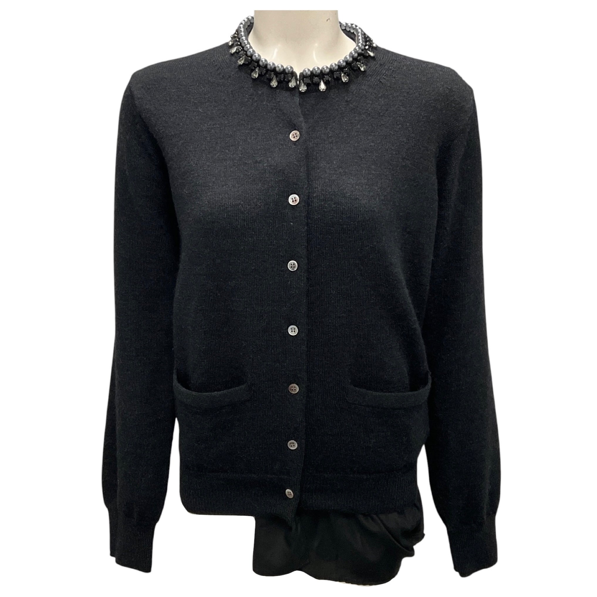 Sacai Dark Charcoal Grey Pearl Bijoux Decorative Knit Cardigan