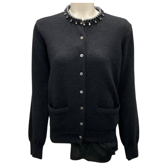 Sacai Dark Charcoal Grey Pearl Bijoux Decorative Knit Cardigan