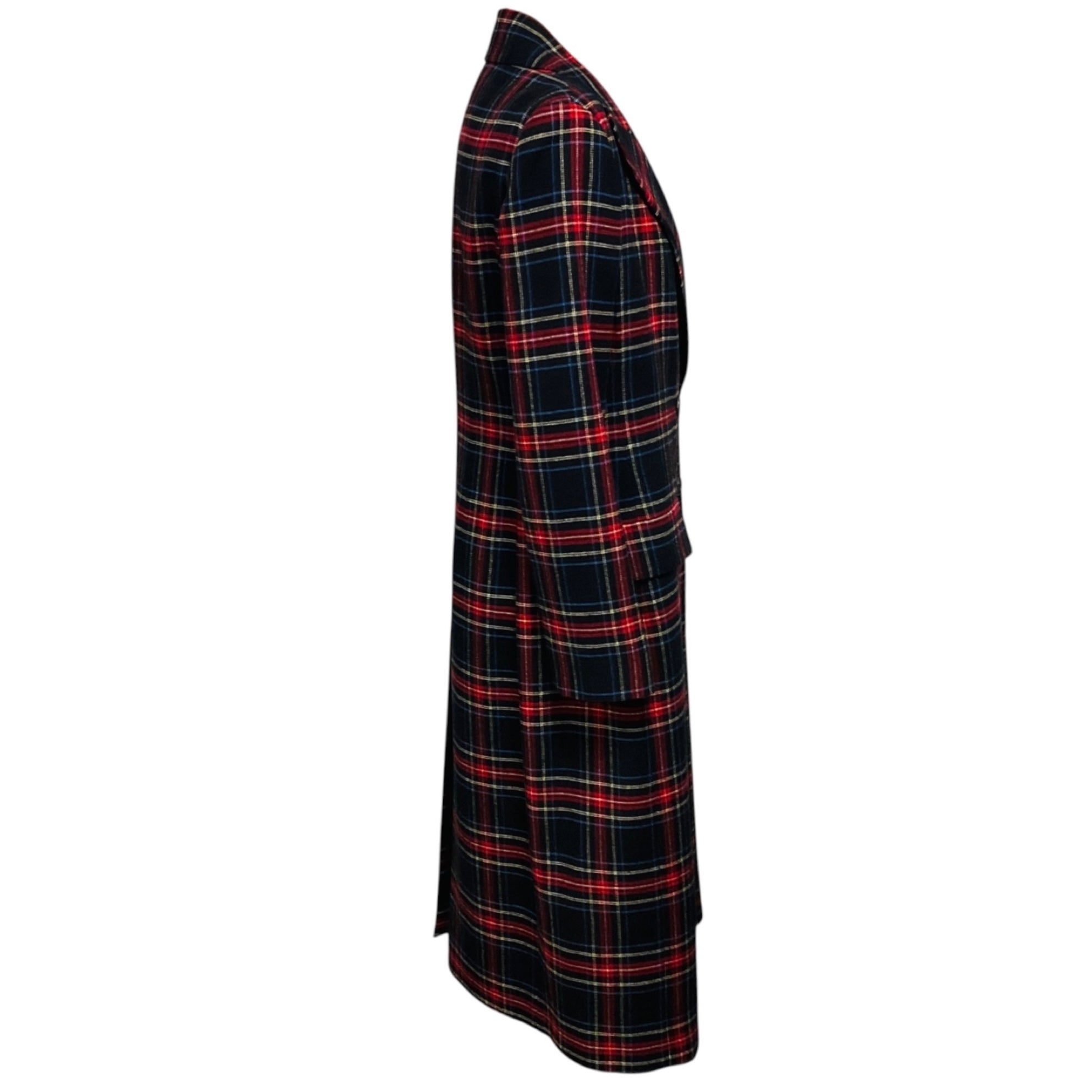 Ermanno Scervino Black / Red / Blue Multi Plaid Double Breasted Mid-Length Wool Coat