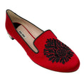 Load image into Gallery viewer, Miu Miu Red / Black Embroidered Crystal Embellished Satin Loafers
