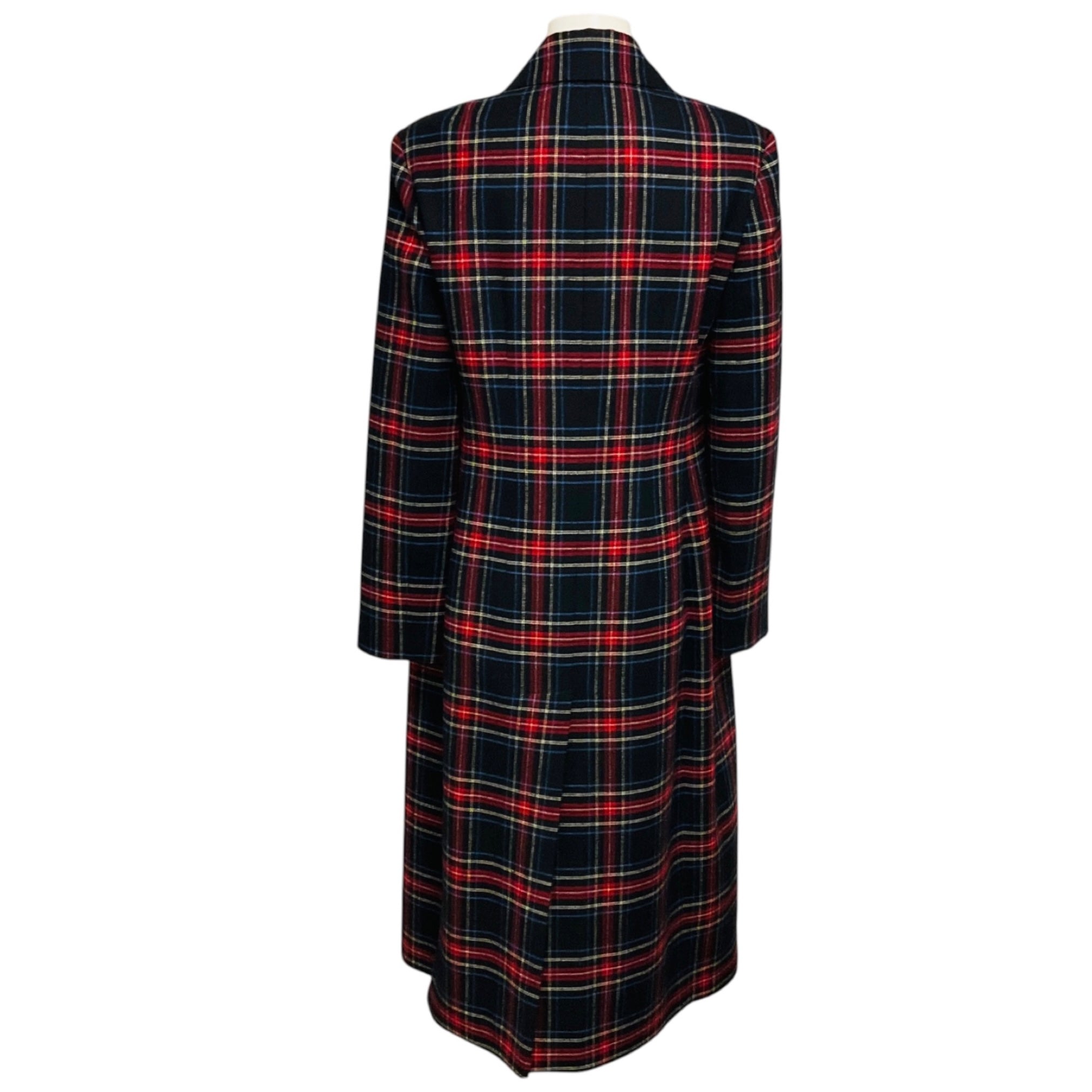 Ermanno Scervino Black / Red / Blue Multi Plaid Double Breasted Mid-Length Wool Coat