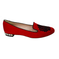 Load image into Gallery viewer, Miu Miu Red / Black Embroidered Crystal Embellished Satin Loafers
