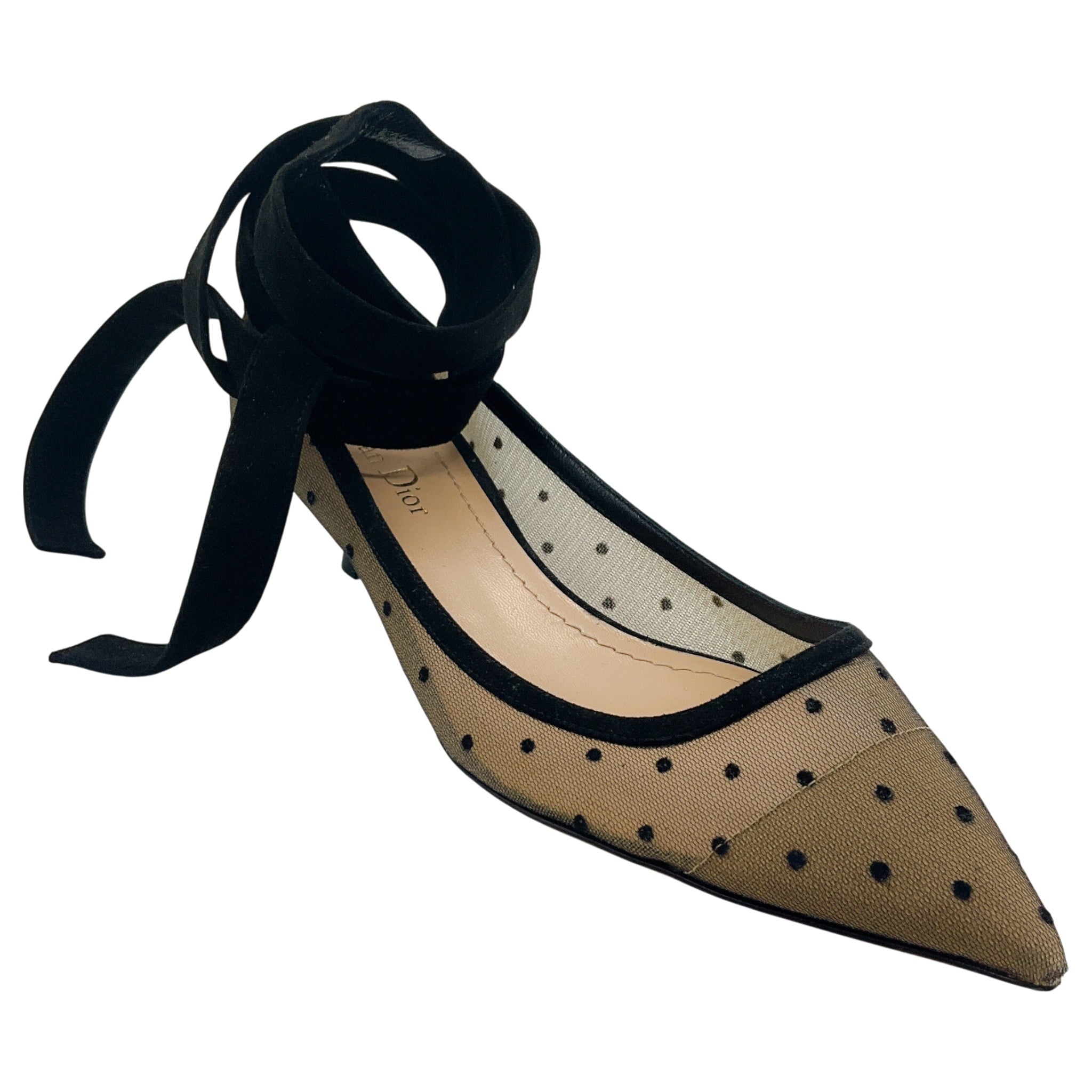 Christian Dior Black Mesh Kitten Heel Pumps with Suede Ankle Ties
