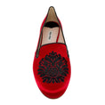 Load image into Gallery viewer, Miu Miu Red / Black Embroidered Crystal Embellished Satin Loafers
