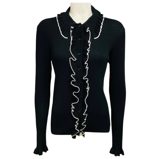 Dries Van Noten Black / White Ruffled Viscose Knit Cardigan Sweater