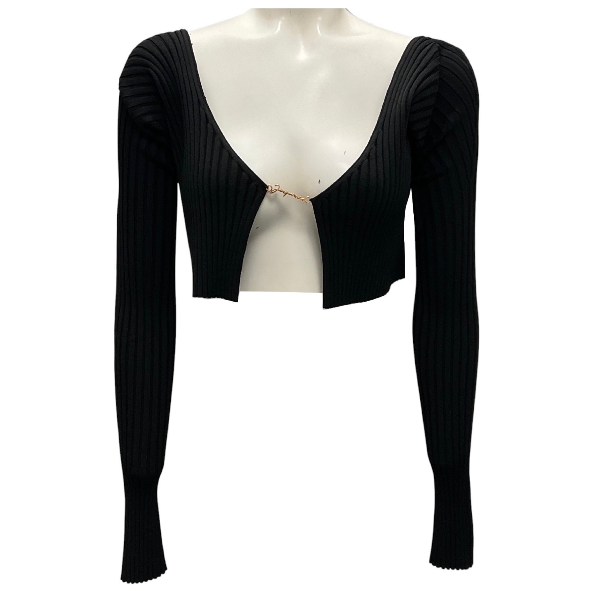 Jacquemus Black / Gold Script Nameplate Detail Cropped Ribbed Knit Sweater