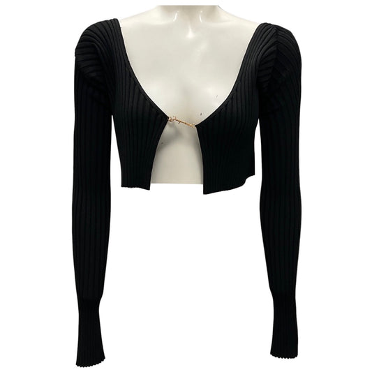 Jacquemus Black / Gold Script Nameplate Detail Cropped Ribbed Knit Sweater