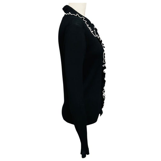 Dries Van Noten Black / White Ruffled Viscose Knit Cardigan Sweater
