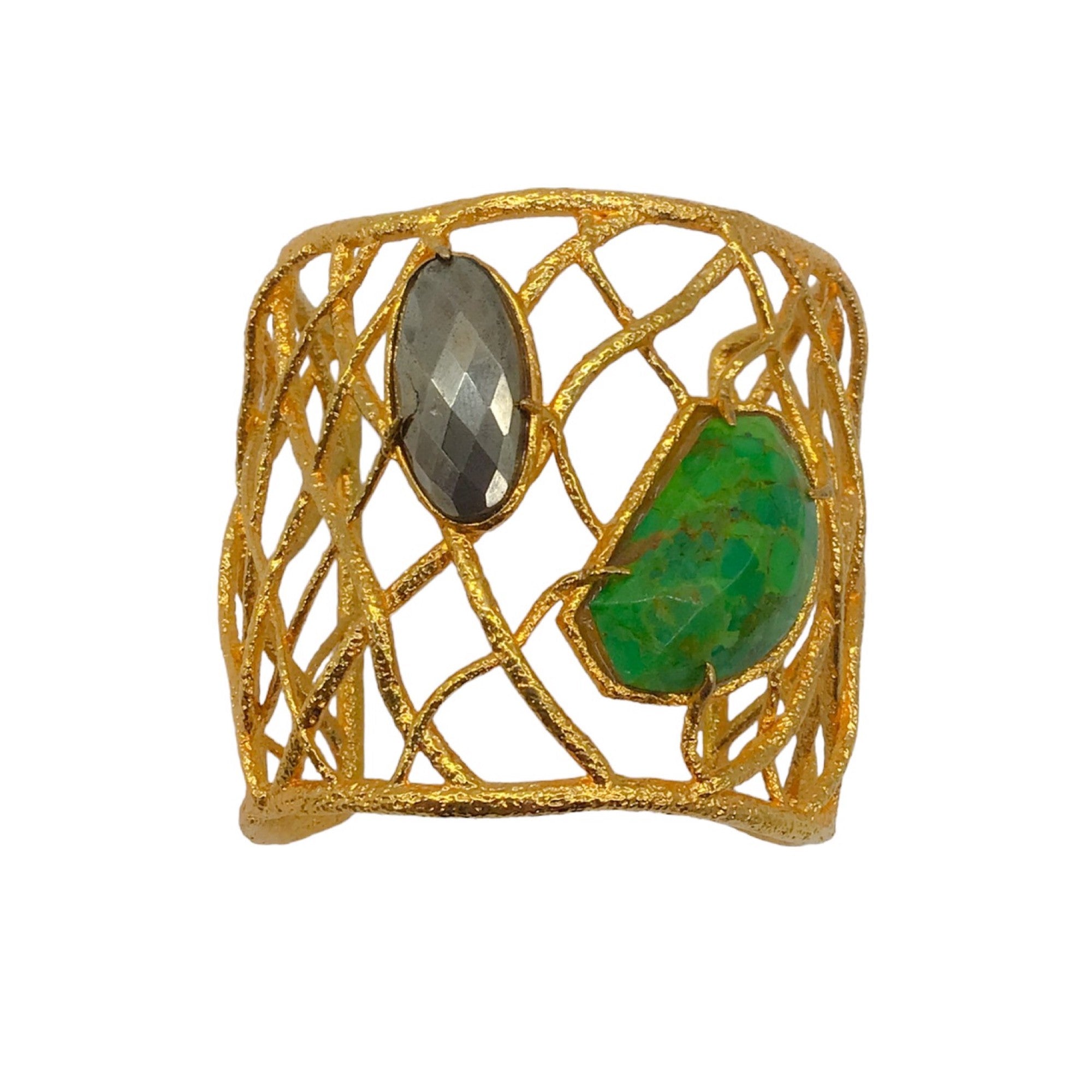 Alexis Bittar Green Stone Gold Wire Wide Cuff Bracelet