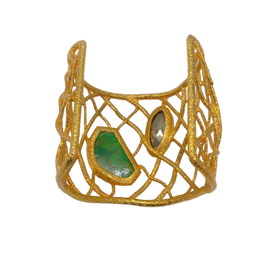 Alexis Bittar Green Stone Gold Wire Wide Cuff Bracelet