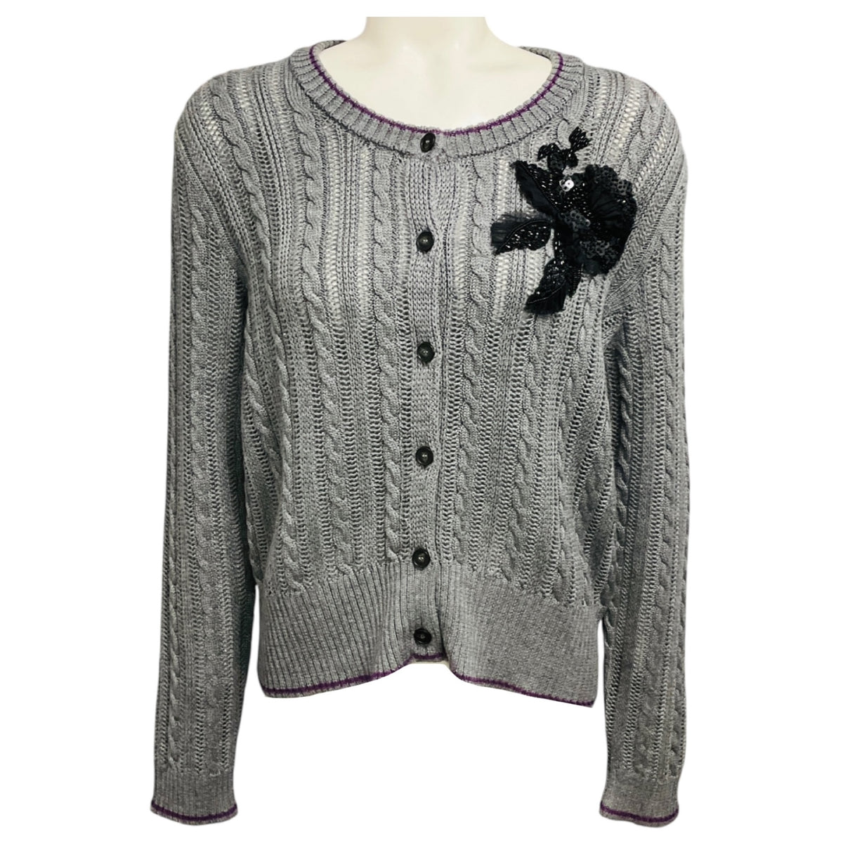 Erdem Grey / Black Floral Embroidered Wool and Silk Knit Estelle Cardigan