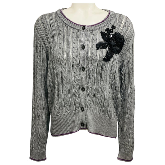 Erdem Grey / Black Floral Embroidered Wool and Silk Knit Estelle Cardigan
