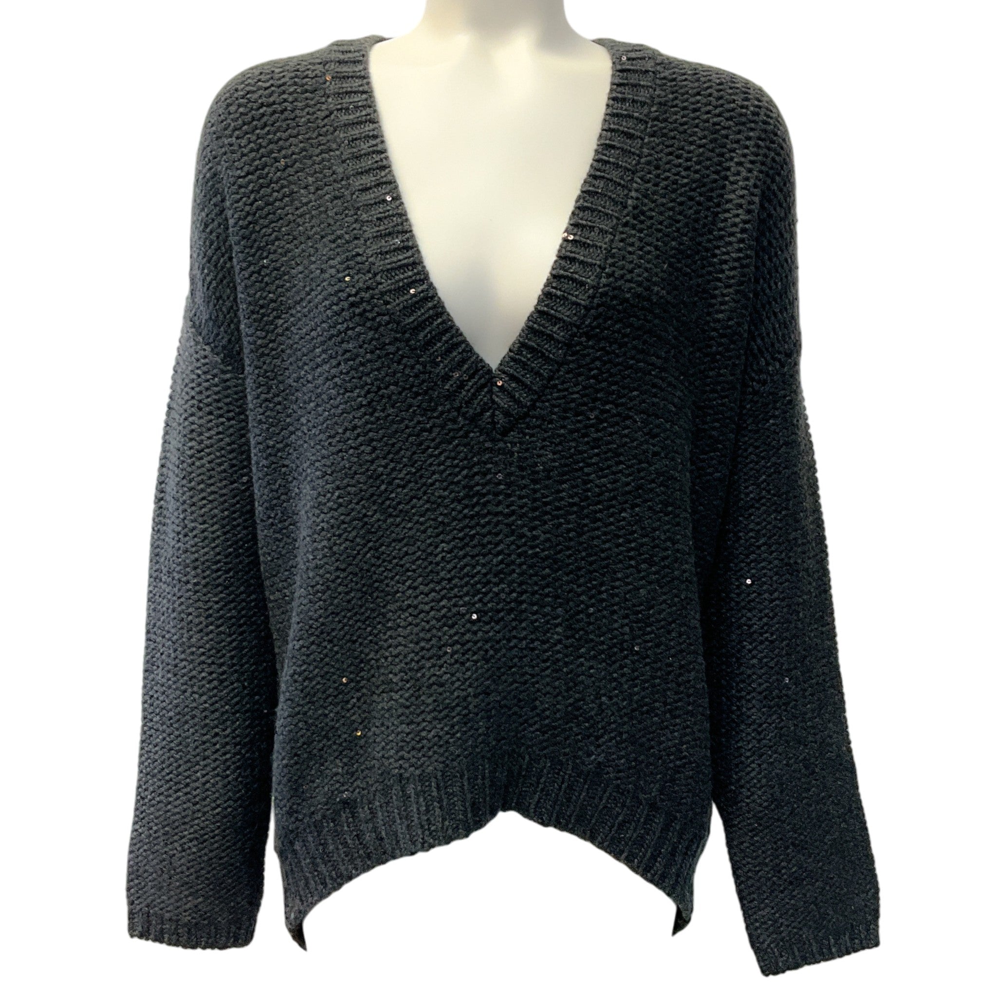 Brunello Cucinelli Charcoal Grey Cashmere V Neck Sweater with Sequins
