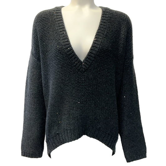 Brunello Cucinelli Charcoal Grey Cashmere V Neck Sweater with Sequins
