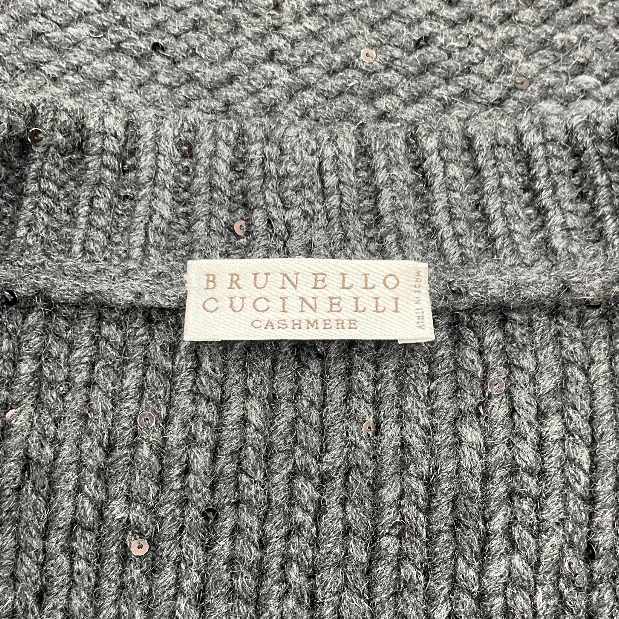 Brunello Cucinelli Charcoal Grey Cashmere V Neck Sweater with Sequins